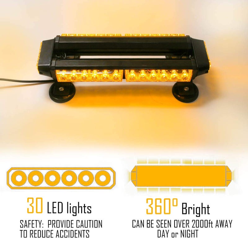 LE-JX Amber 30 LEDs Safety Strobe Flashing Light Bar Double Side High Intensity Roof Top Plow Flash Traffic Advisor Emergency Hazard Warning Lighting Mini Beacon with Magnetic Base (Yellow,12-24V/30W) - Image 2